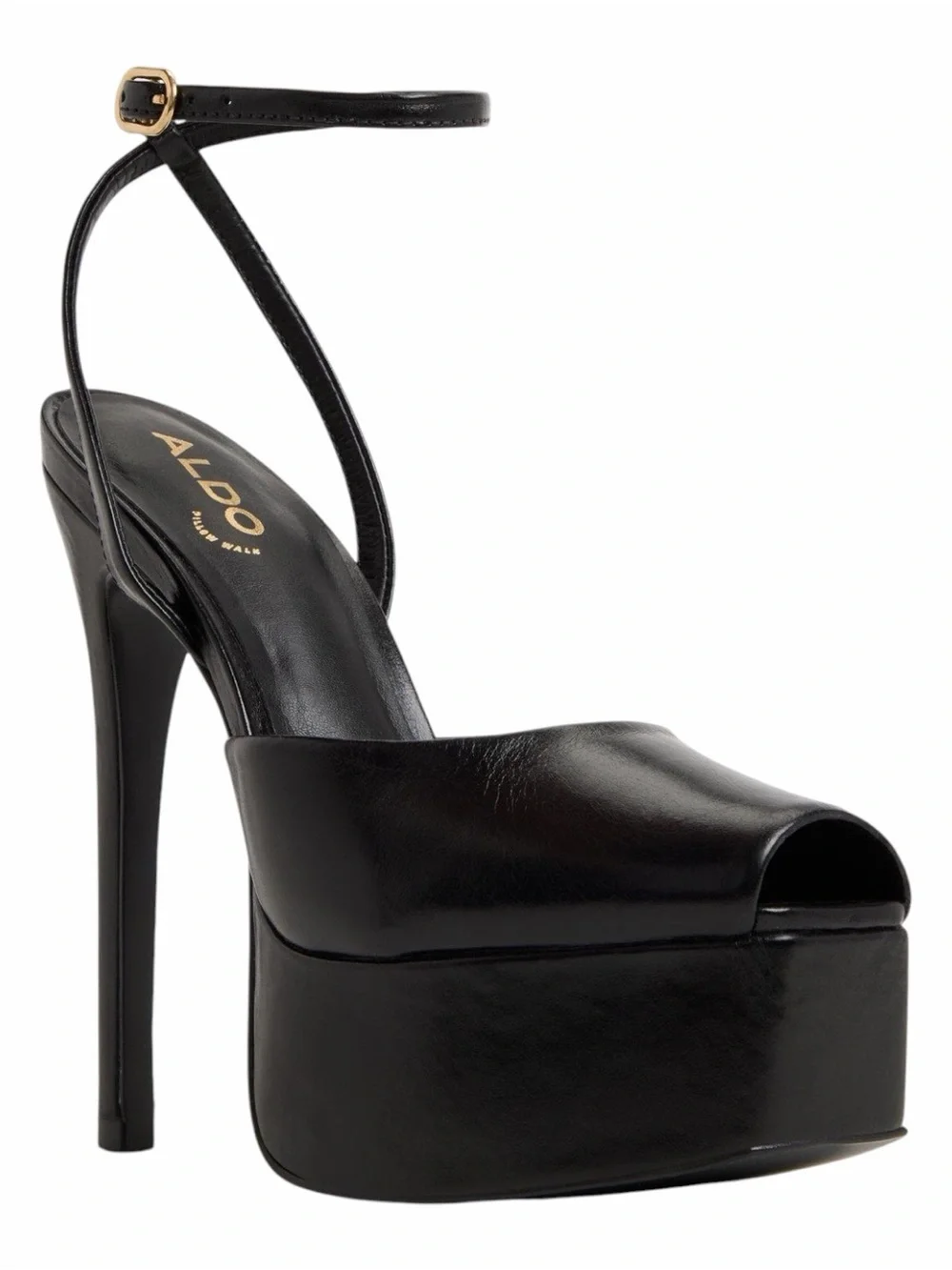 ALDO Black Thalina Leather Platform Stiletto Peep-Toe Heel with Ankle Strap